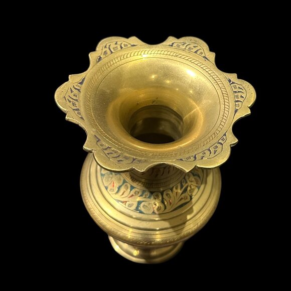 Vintage Etched Brass Vase with Scalloped Rim, Indian Enamel Flower Vase, - Picture 5 of 5